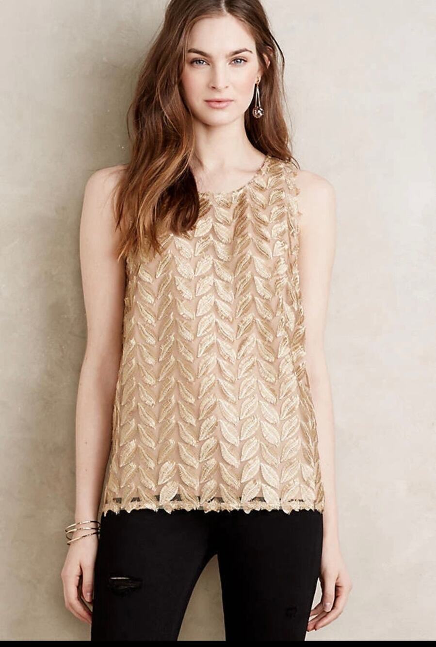 Anthropologie Sunday in Brooklyn Gold Leaf Pattern Sleeveless Top Small